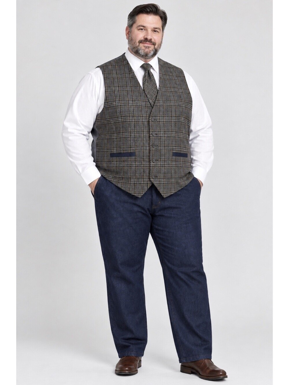 Stacy Adams Coordinated Suit 3pc Mens 5X/48Wx32L Glen Plaid Vest Tie Denim Pants